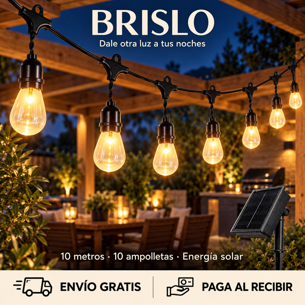 Brislo: guirnalda solar de 10 metros y 10 ampolletas, panel solar y estaca. Envío gratis y pago al recibir.