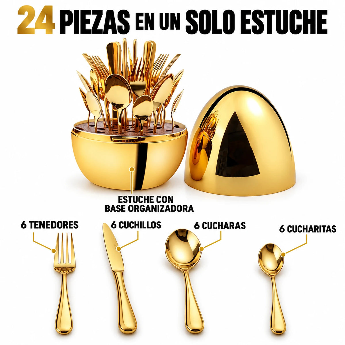 24 piezas en un solo estuche: tenedores, cuchillos, cucharas y cucharitas