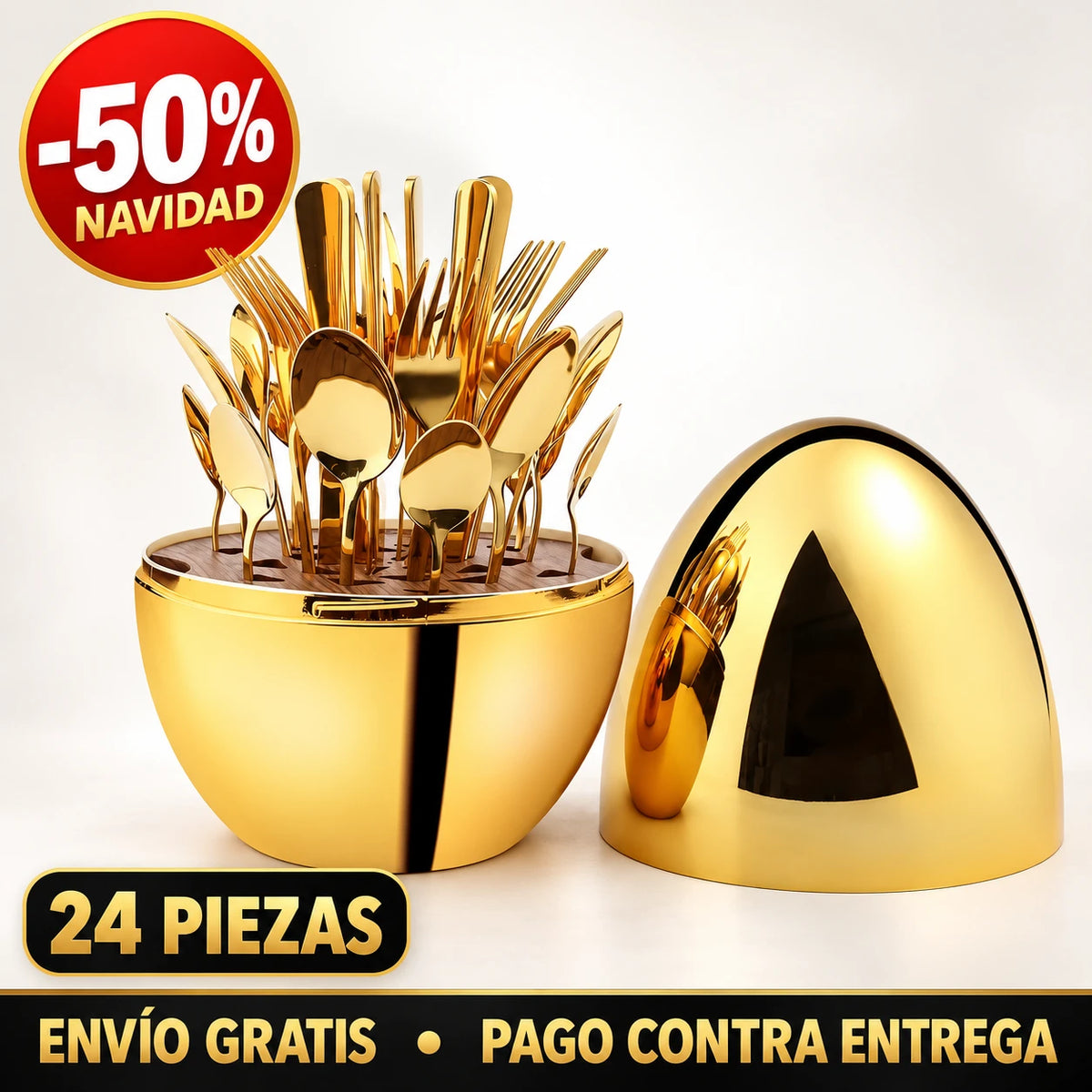 Huevo Dorado set de 24 cubiertos dorados -50% Navidad, envío gratis y pago contra entrega