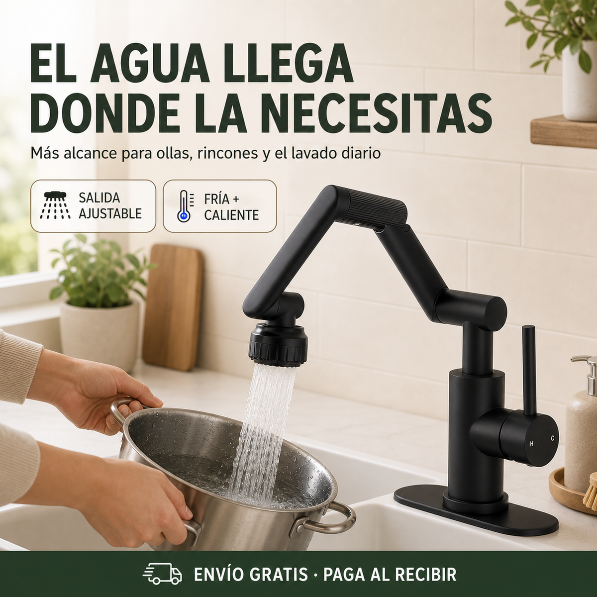 Llave monomando articulada negra para cocina con salida ajustable y control de agua fría y caliente
